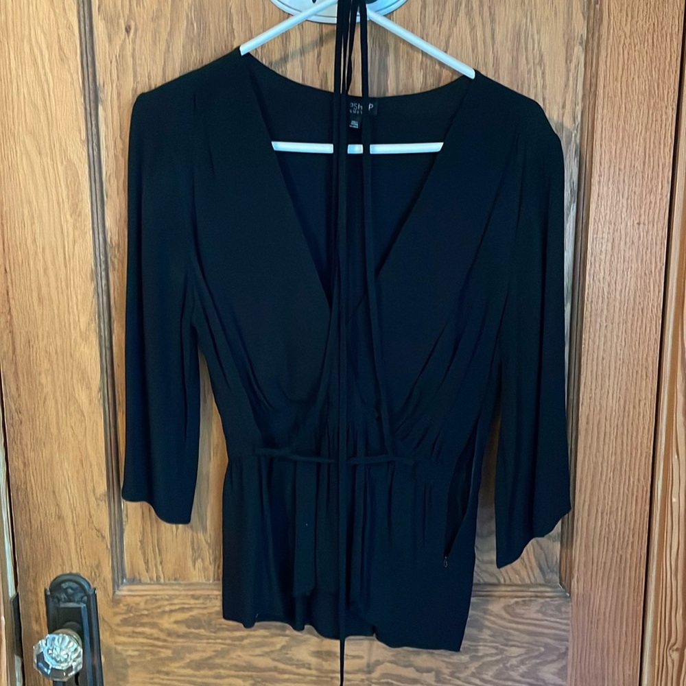 Topshop black deep v neck empire waist blouse with tie